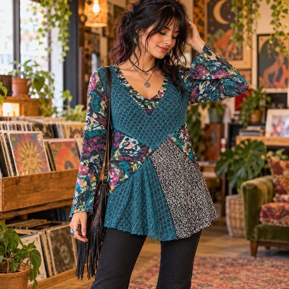 This & That Boho Patchwork Tunic Top Teal Crochet Lace Bell Sleeve Artsy XXL